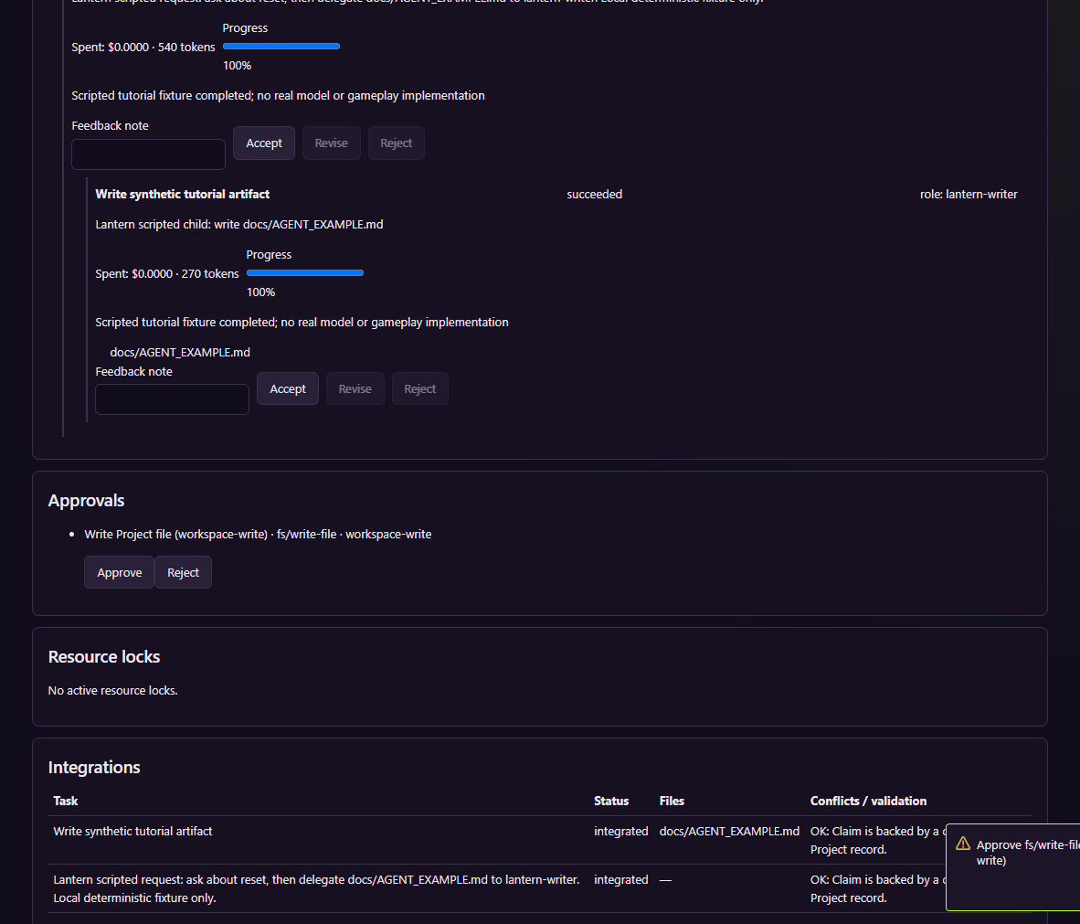 A broker approval for a write inside the example workspace