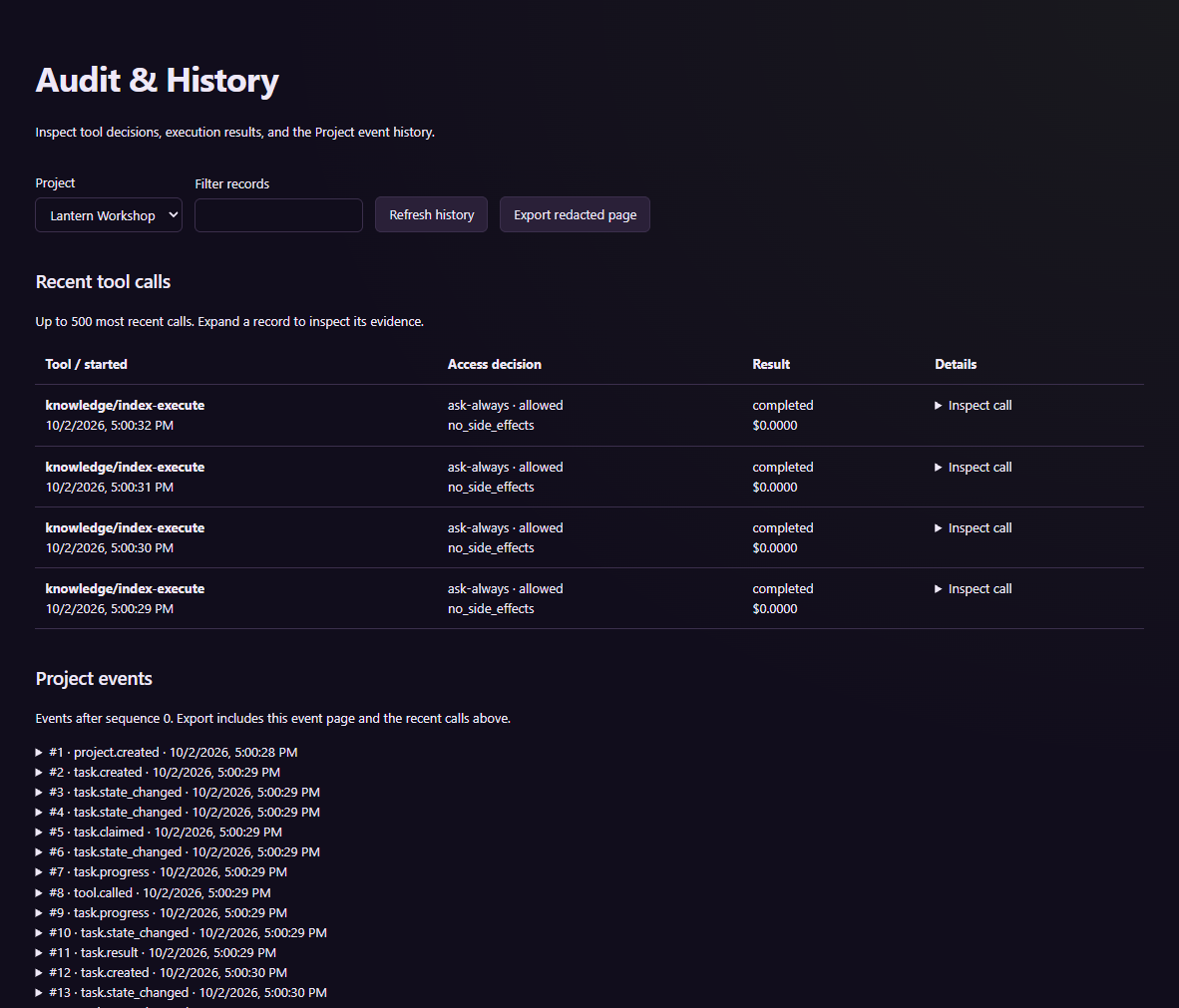 Project events and tool-call history