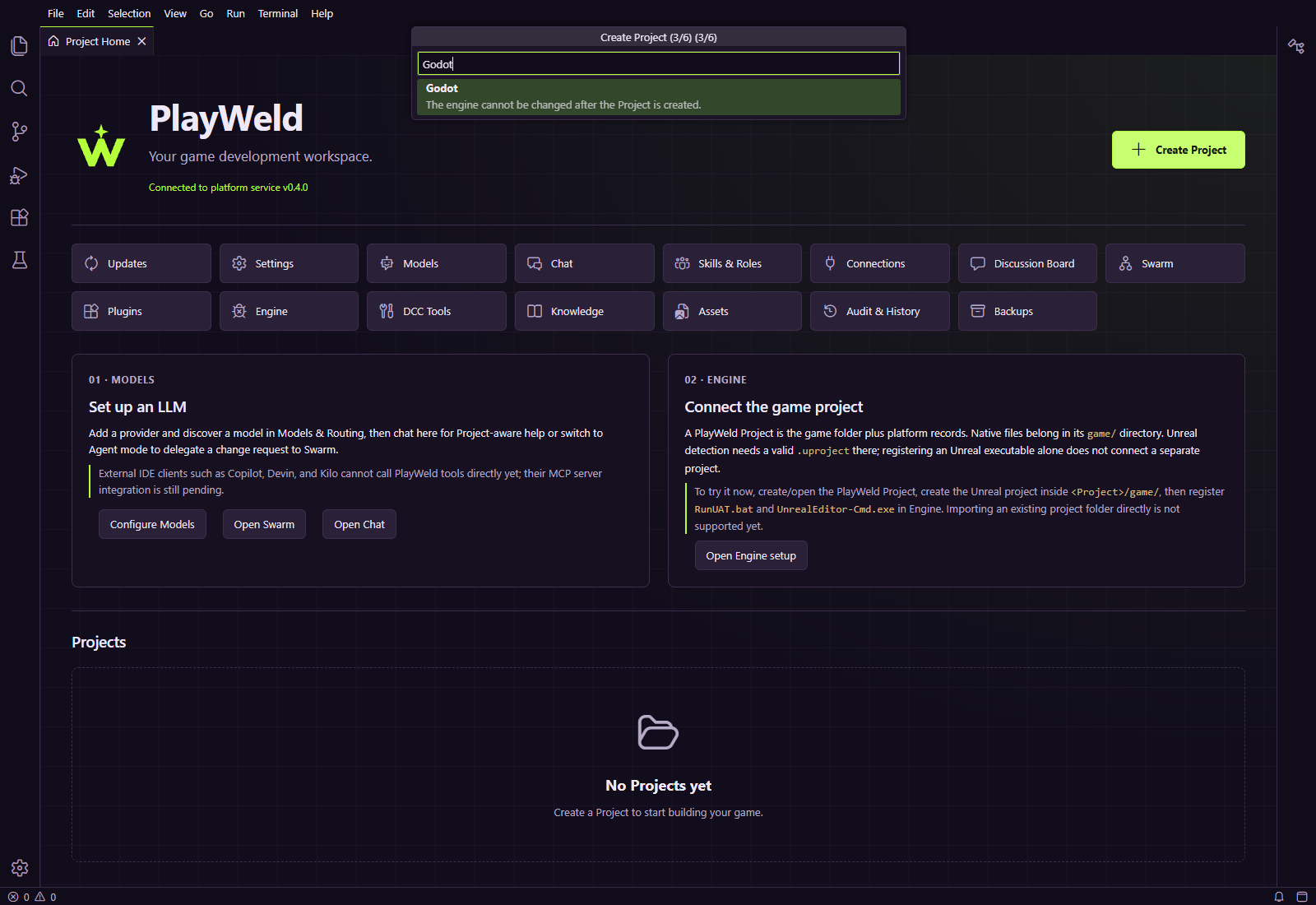 Godot selected during the Lantern Workshop project wizard