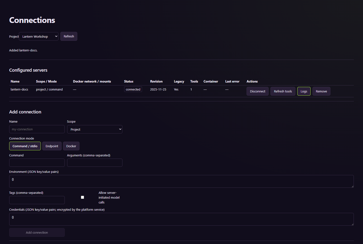 A project-scoped example MCP server connected with a discovered tool