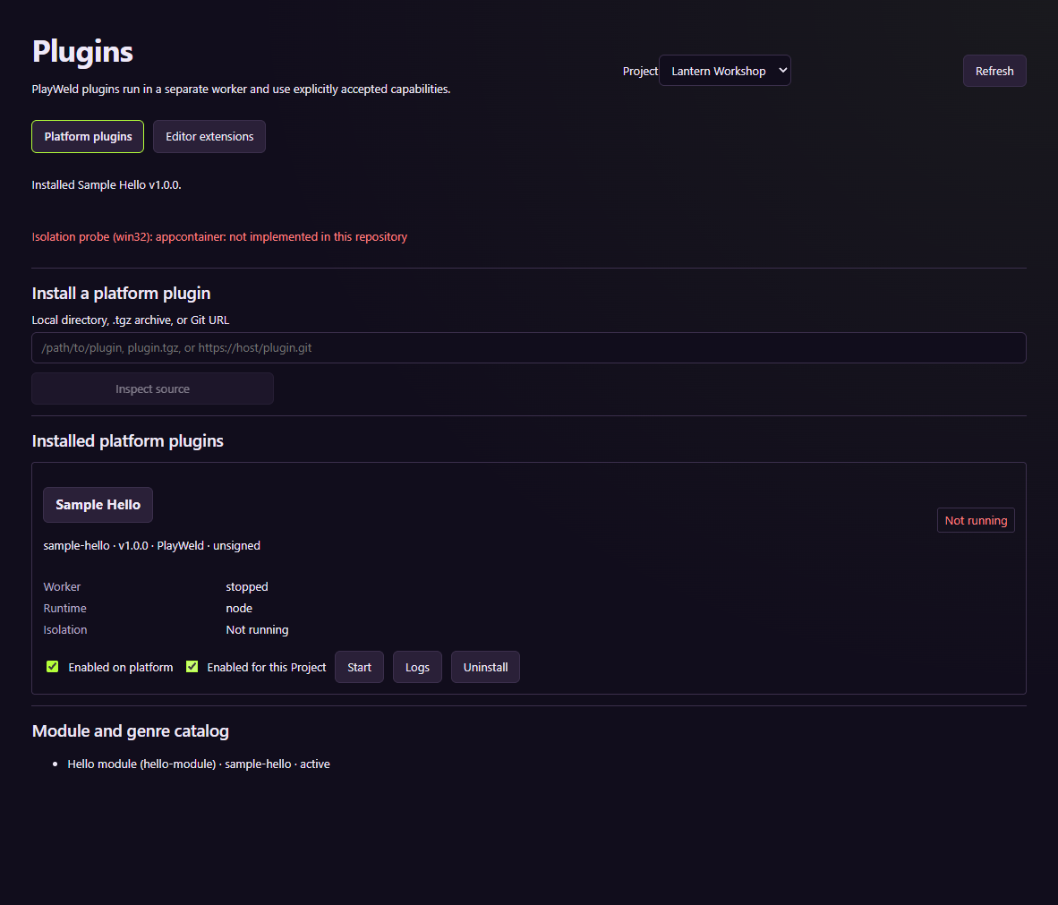 The example plugin installed and enabled