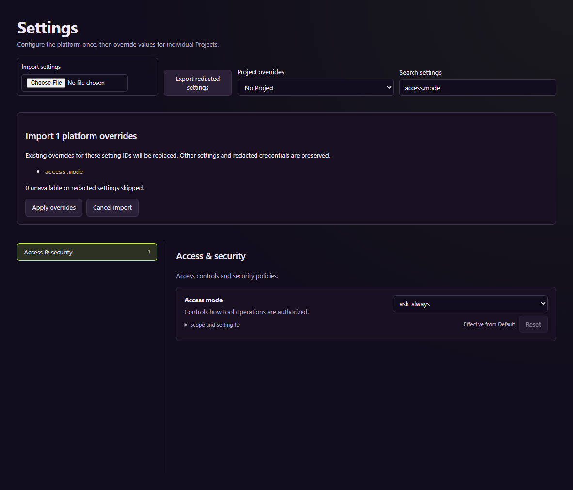 Settings import preview before any changes are applied